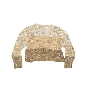 Elan Tanae Ombré Front Button Cable Knit White Cream Brown Cropped Cardigan Sz M